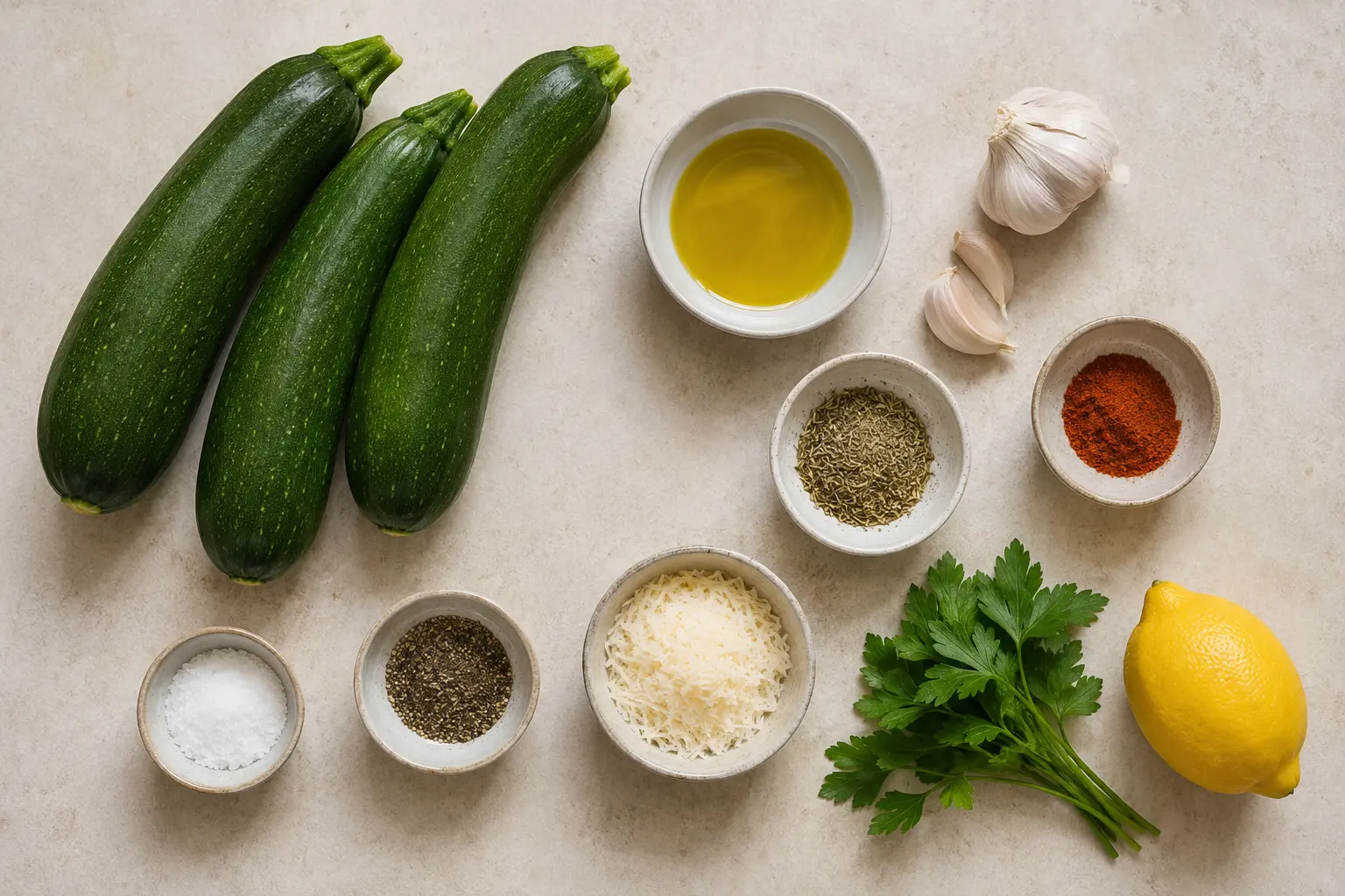 Courgettes, huile, ail, herbes, épices, parmesan et citron pour Air Fryer