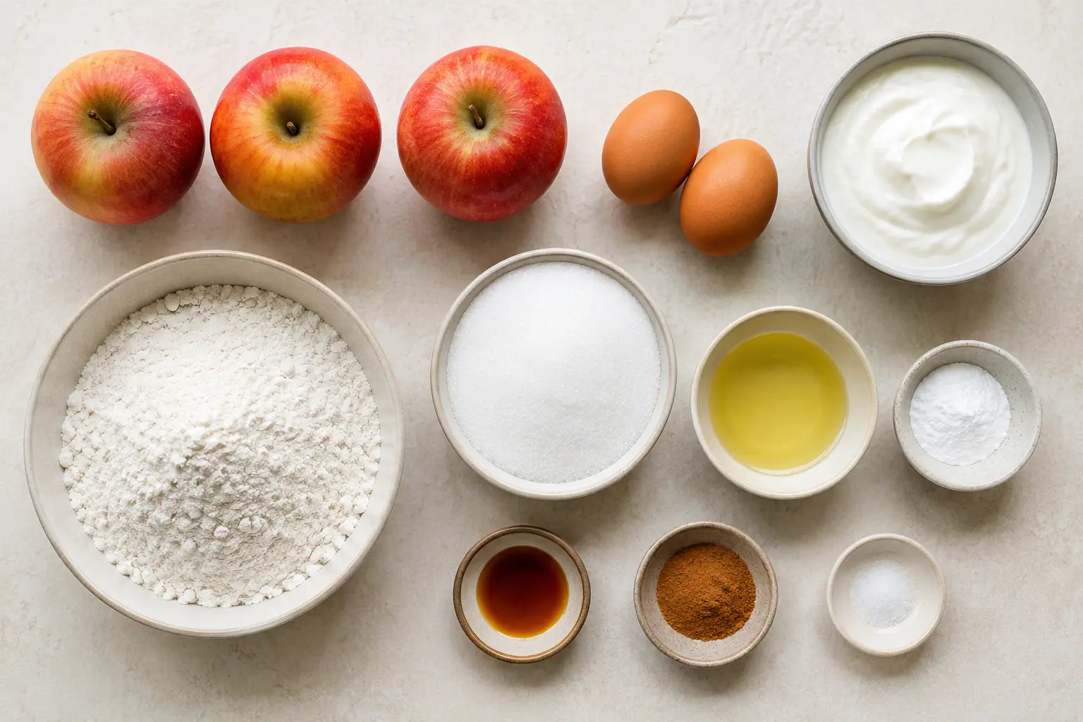 Ingrédients du gâteau aux pommes moelleux et ultra rapide