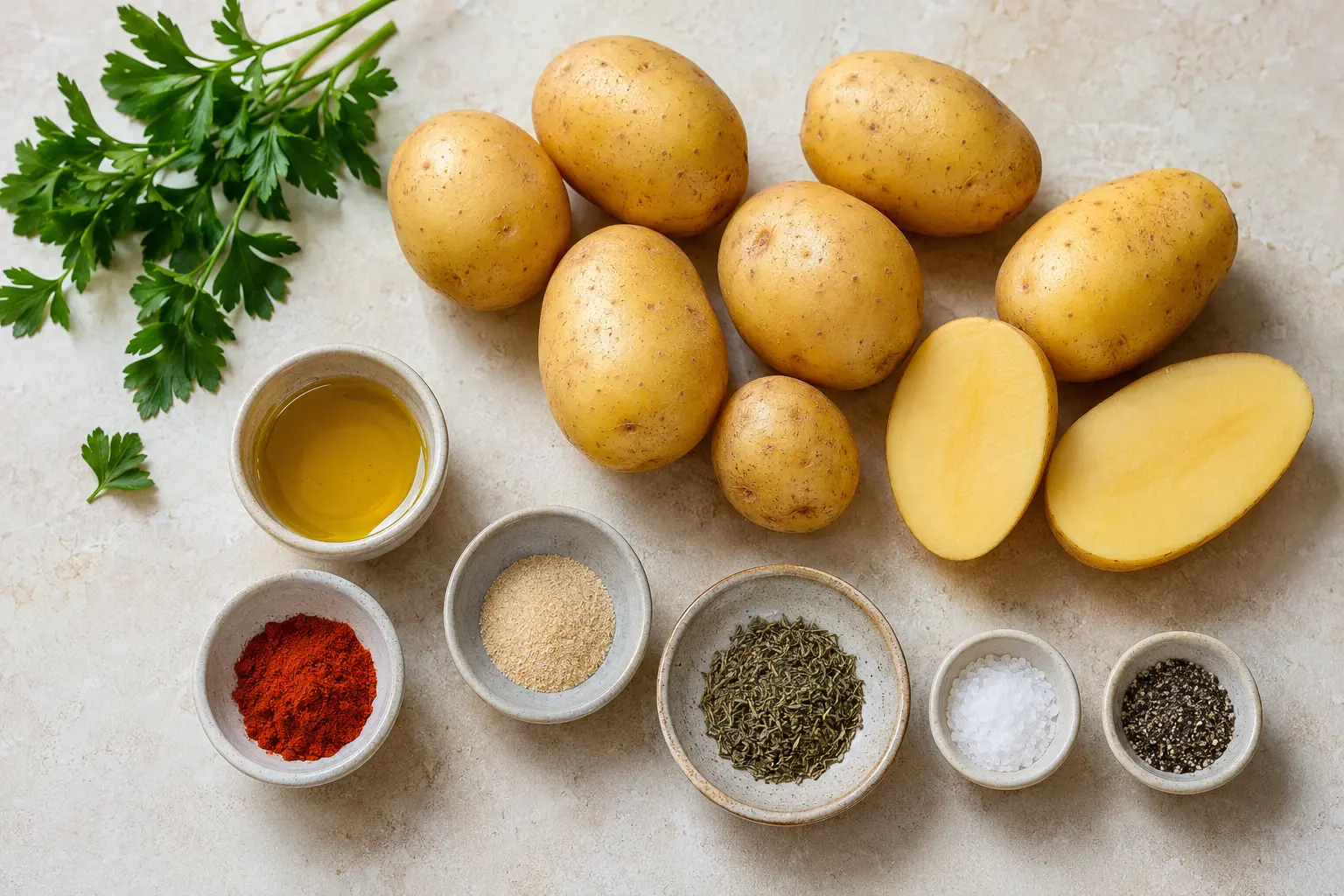 Pommes de terre, huile d’olive, paprika, ail et herbes pour cuisson Air Fryer