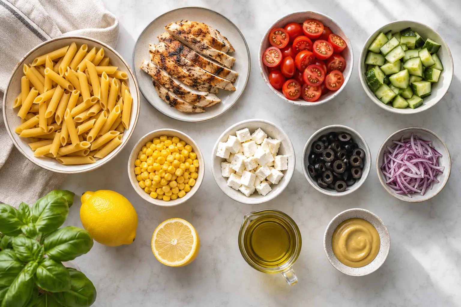 Ingrédients pour une salade de pâtes froide au poulet, feta et légumes