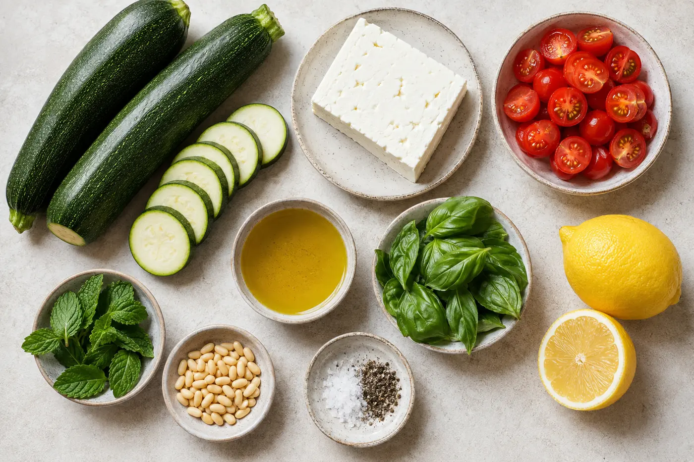 Ingrédients de la salade de courgettes à la feta disposés sur un plan de travail