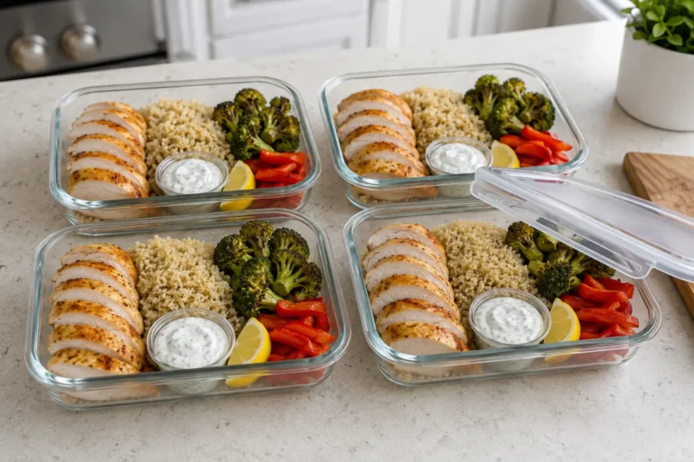 Meal prep protéiné facile au poulet quinoa et légumes