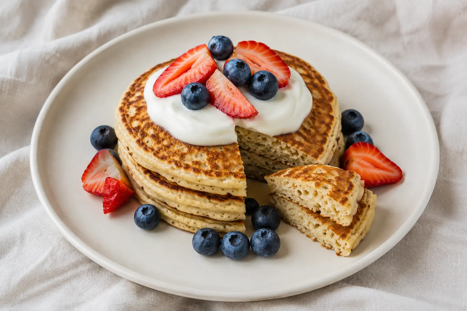 Pancakes servis pour un petit déjeuner riche en protéines