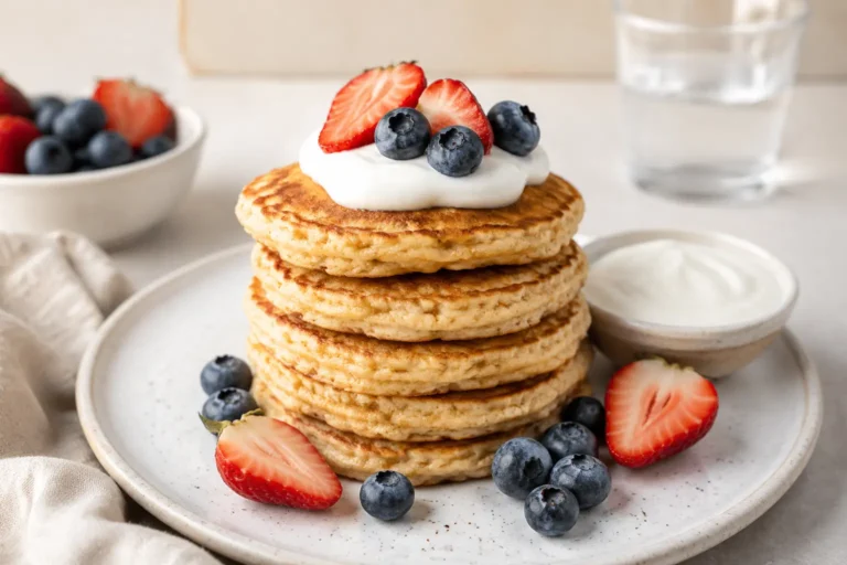 Petit déjeuner riche en protéines avec pancakes, fromage blanc et fruits
