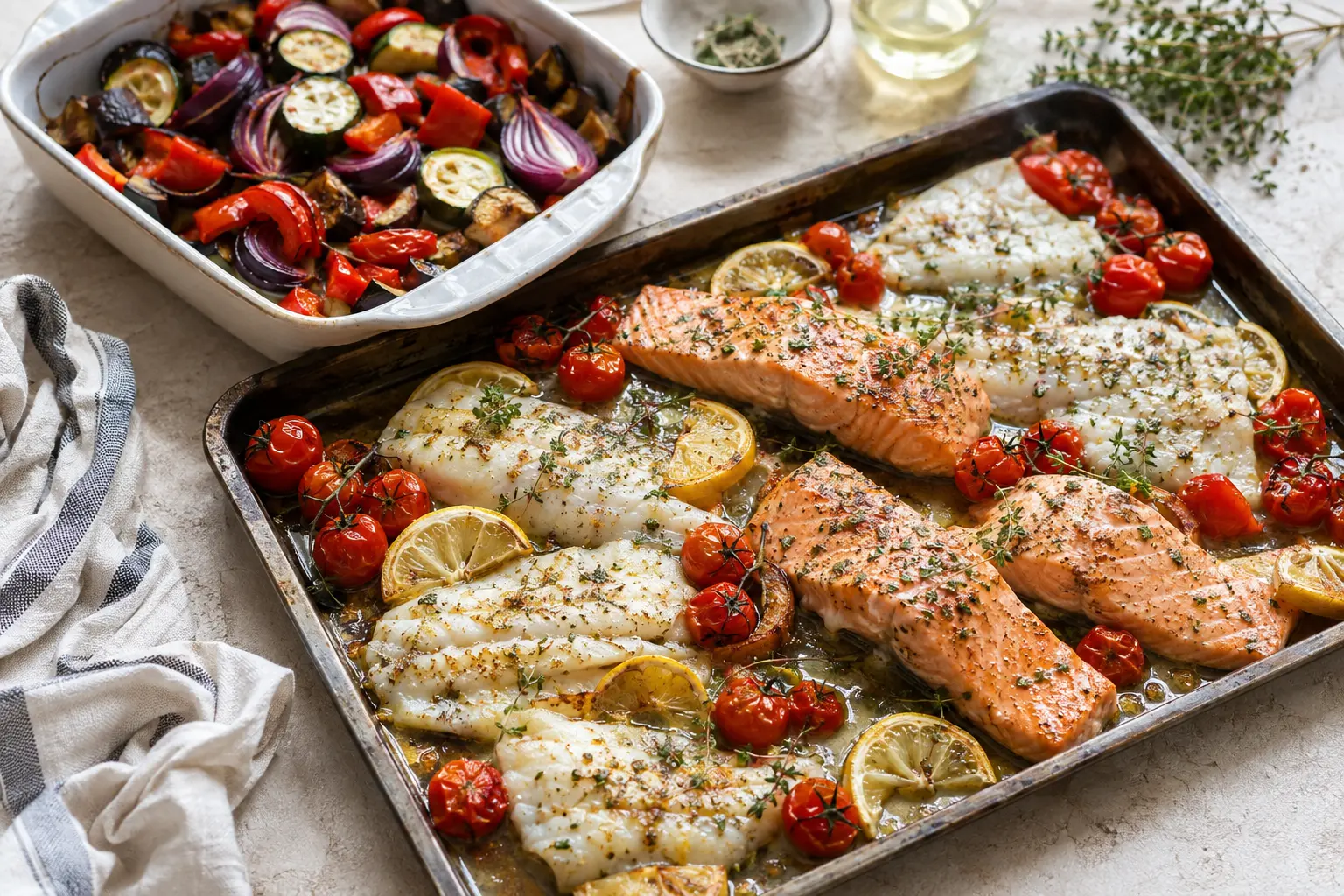 Recettes au four faciles de saumon, poisson blanc et légumes rôtis