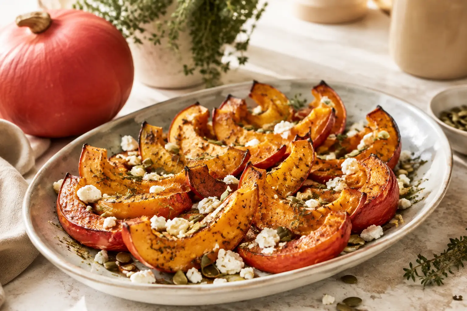 Potimarron rôti au four avec feta et graines de courge