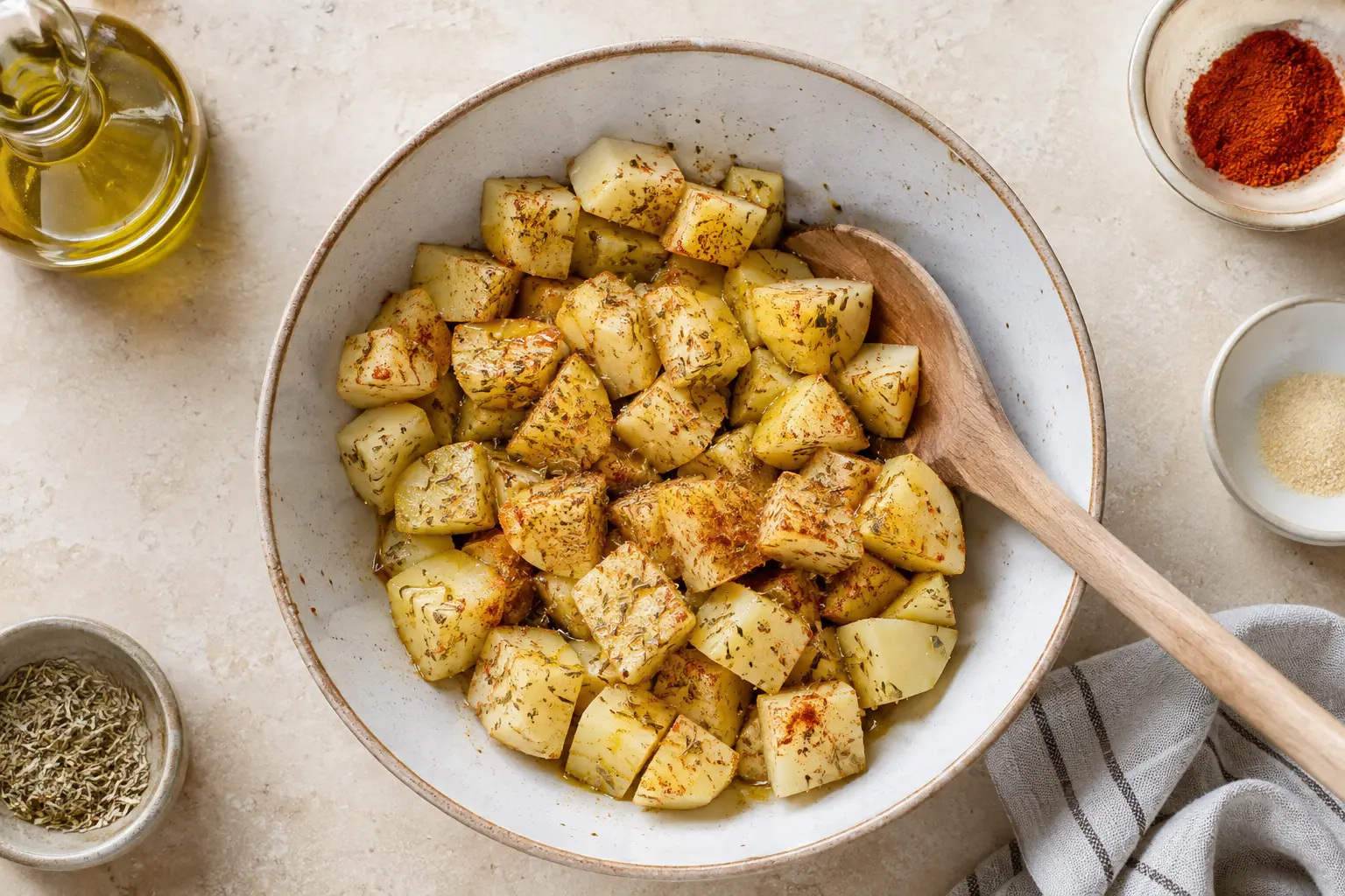 Cubes de pommes de terre assaisonnés avant la cuisson Air Fryer