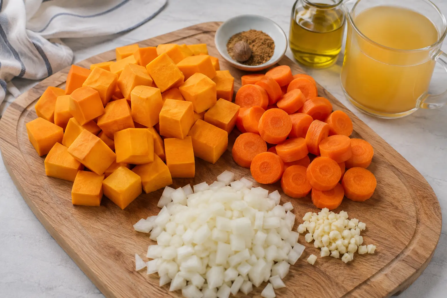 Préparation des légumes pour la soupe butternut carotte