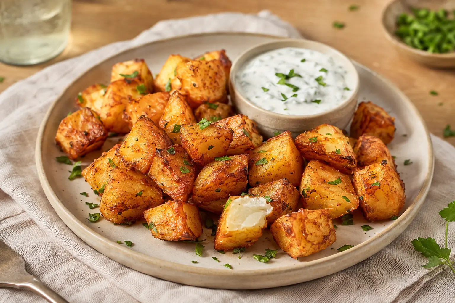 Assiette de pommes de terre Air Fryer croustillantes avec sauce aux herbes