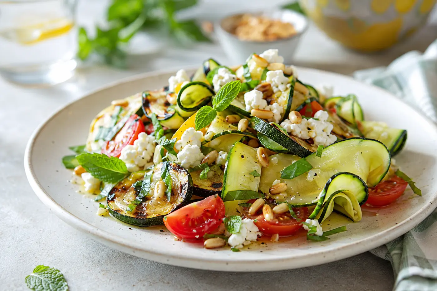 Assiette de salade de courgettes à la feta prête à servir