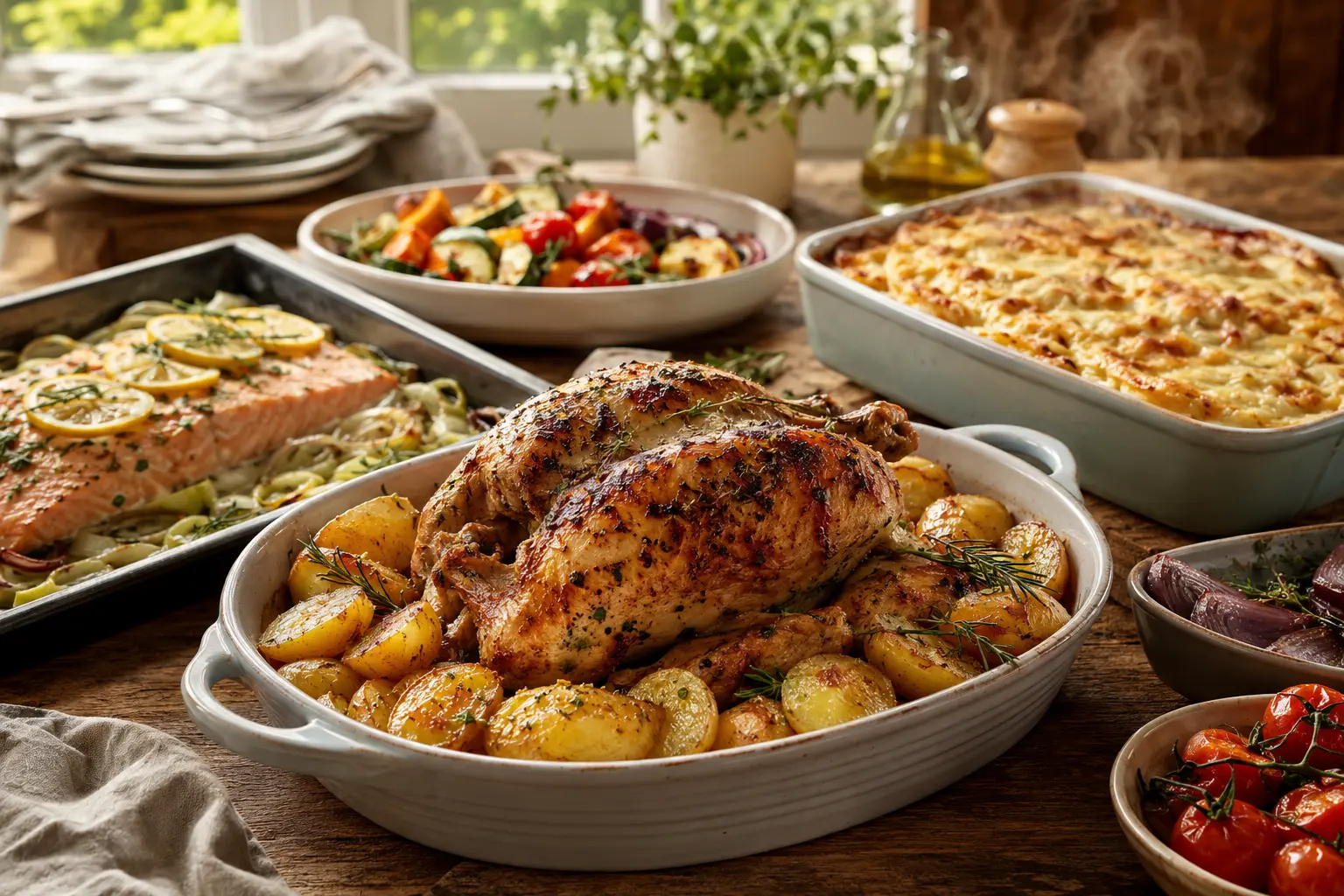 Recettes au four faciles avec poulet rôti, saumon, gratin et légumes