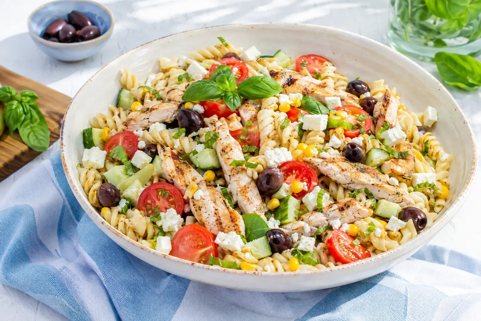 Repas froid pour l’été avec salade de pâtes au poulet et légumes