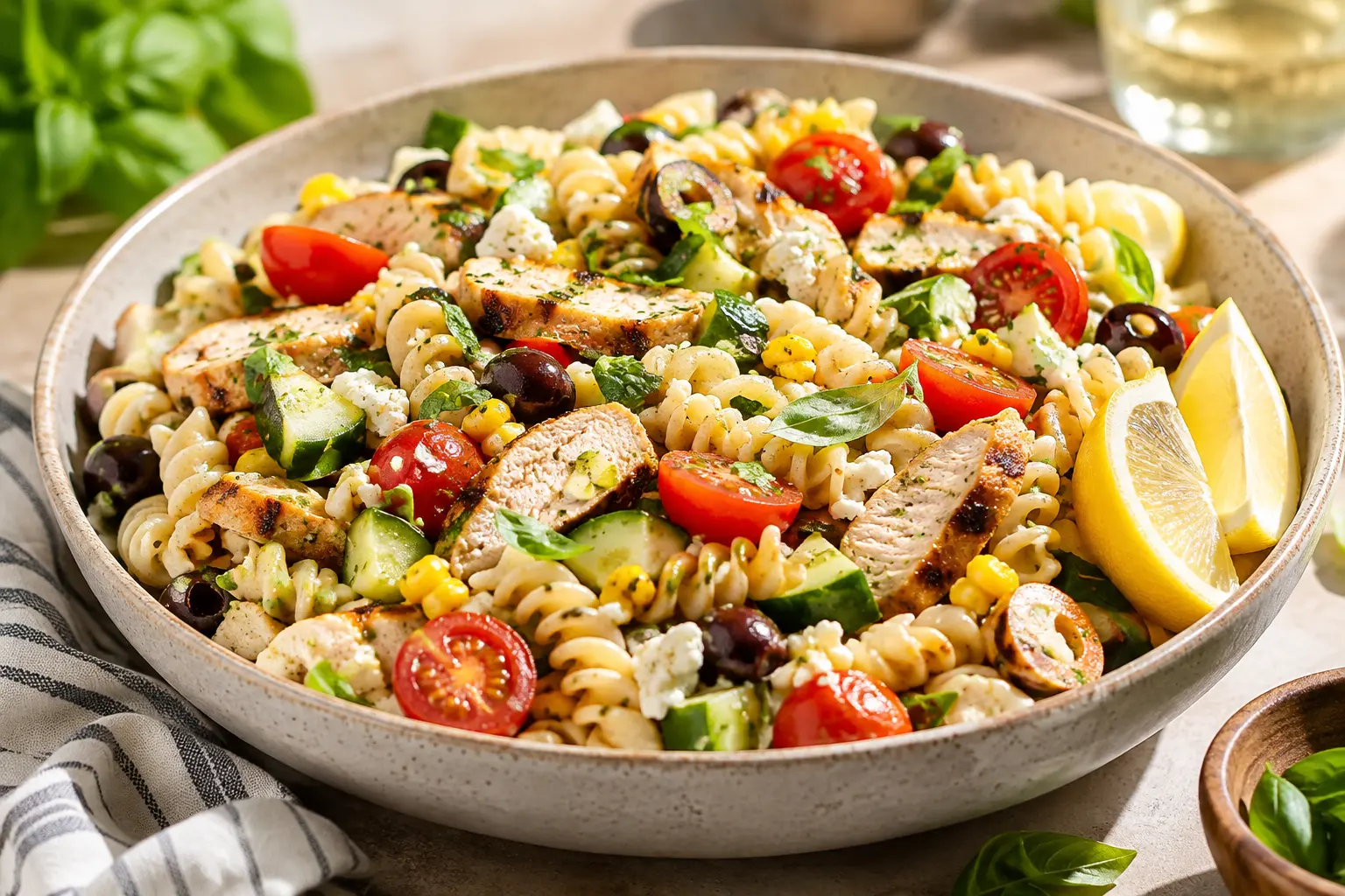 Salade de pâtes au poulet, tomates, concombre, feta et olives