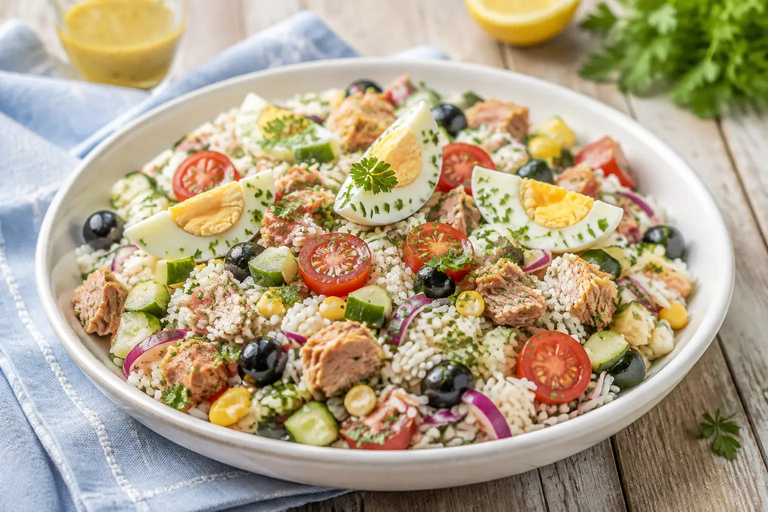 Salade de riz froide servie avec œufs et thon