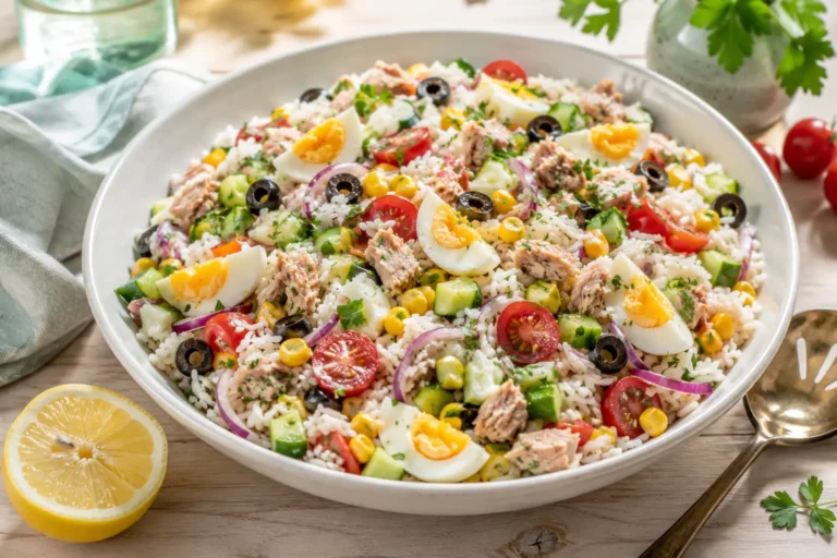 Salade de riz froide au thon, œufs et légumes