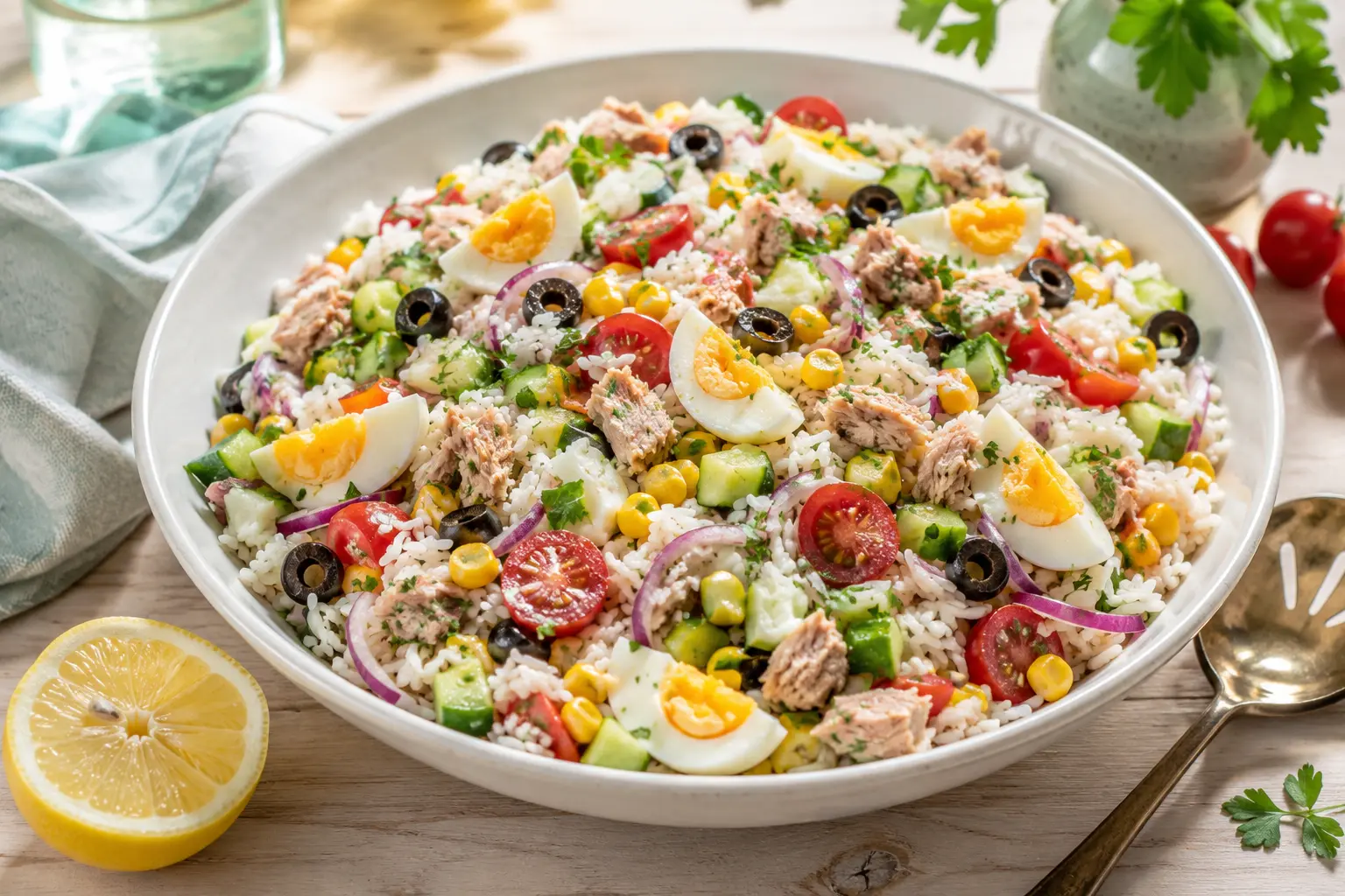 Salade de riz froide au thon, œufs et légumes