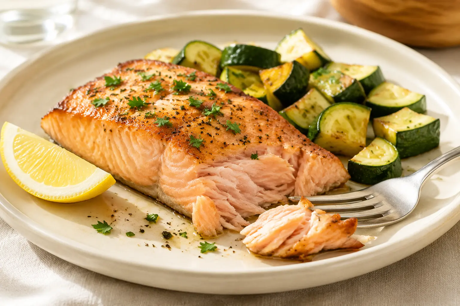 Saumon Air Fryer servi avec citron et courgettes