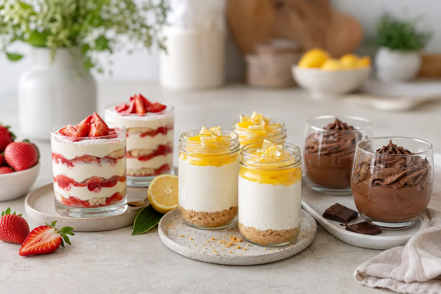 Desserts faciles sans cuisson en verrines avec fraises, citron et chocolat