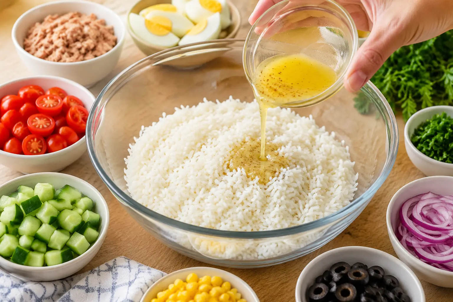 Vinaigrette versée sur le riz froid