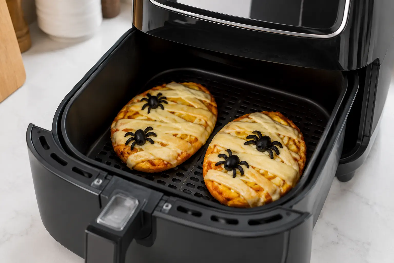 Mini pizzas citrouille Halloween dans le panier Air Fryer