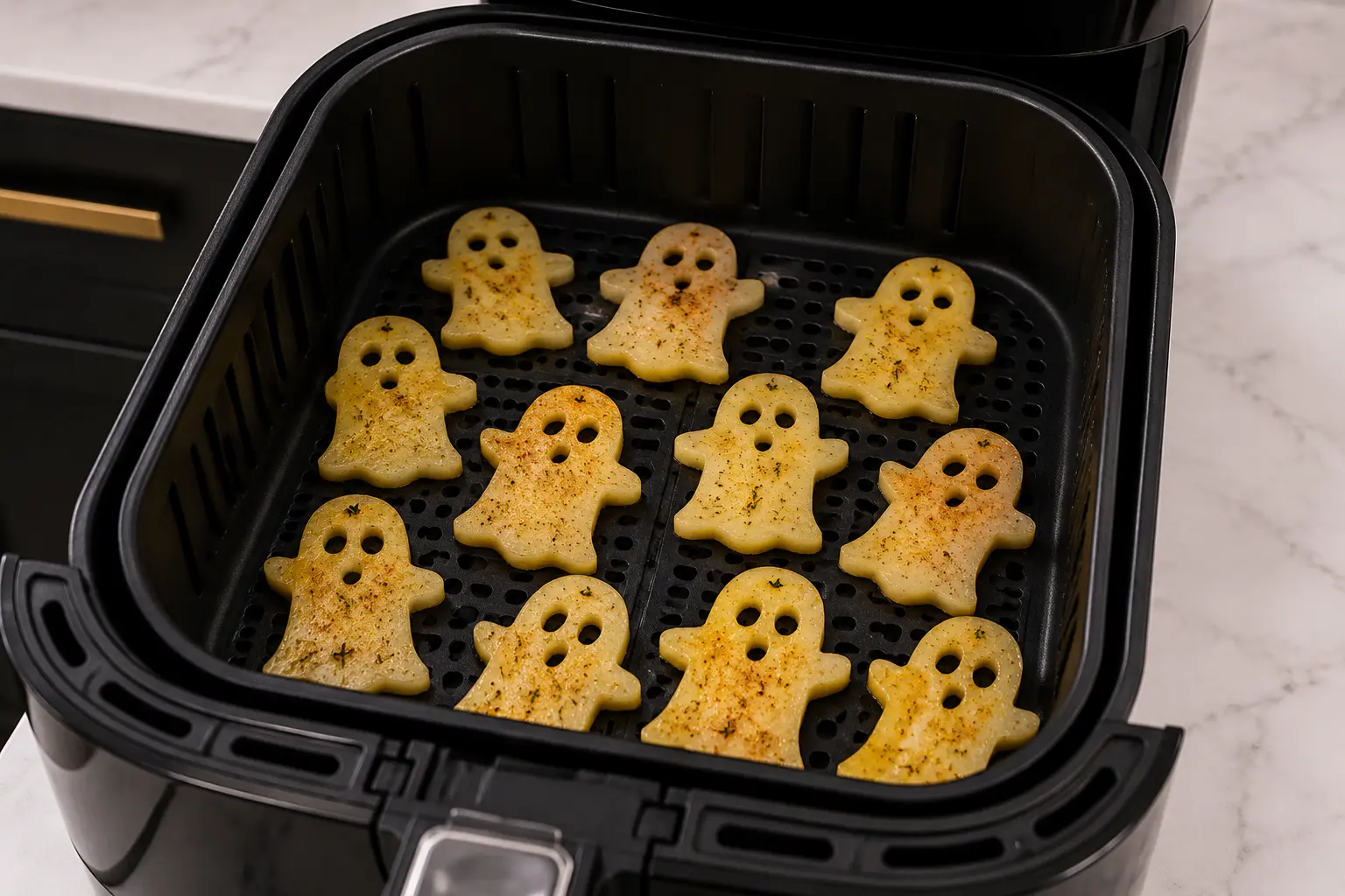 Pommes de terre fantômes en cuisson dans le panier Air Fryer