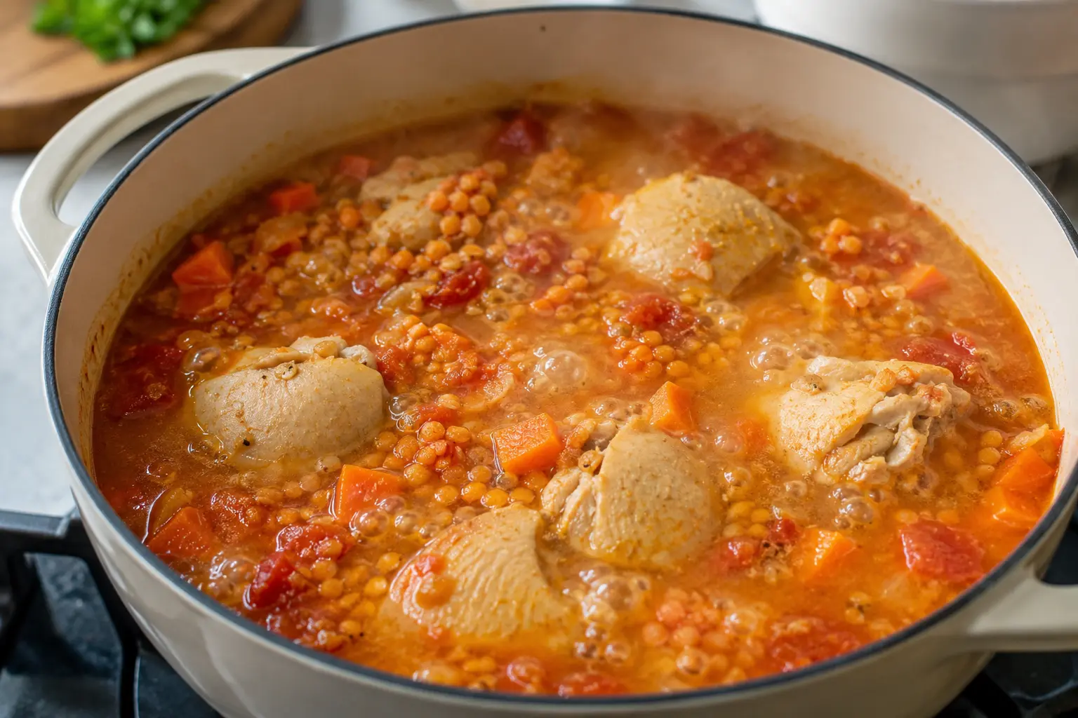 Cuisson de la soupe poulet et lentilles corail