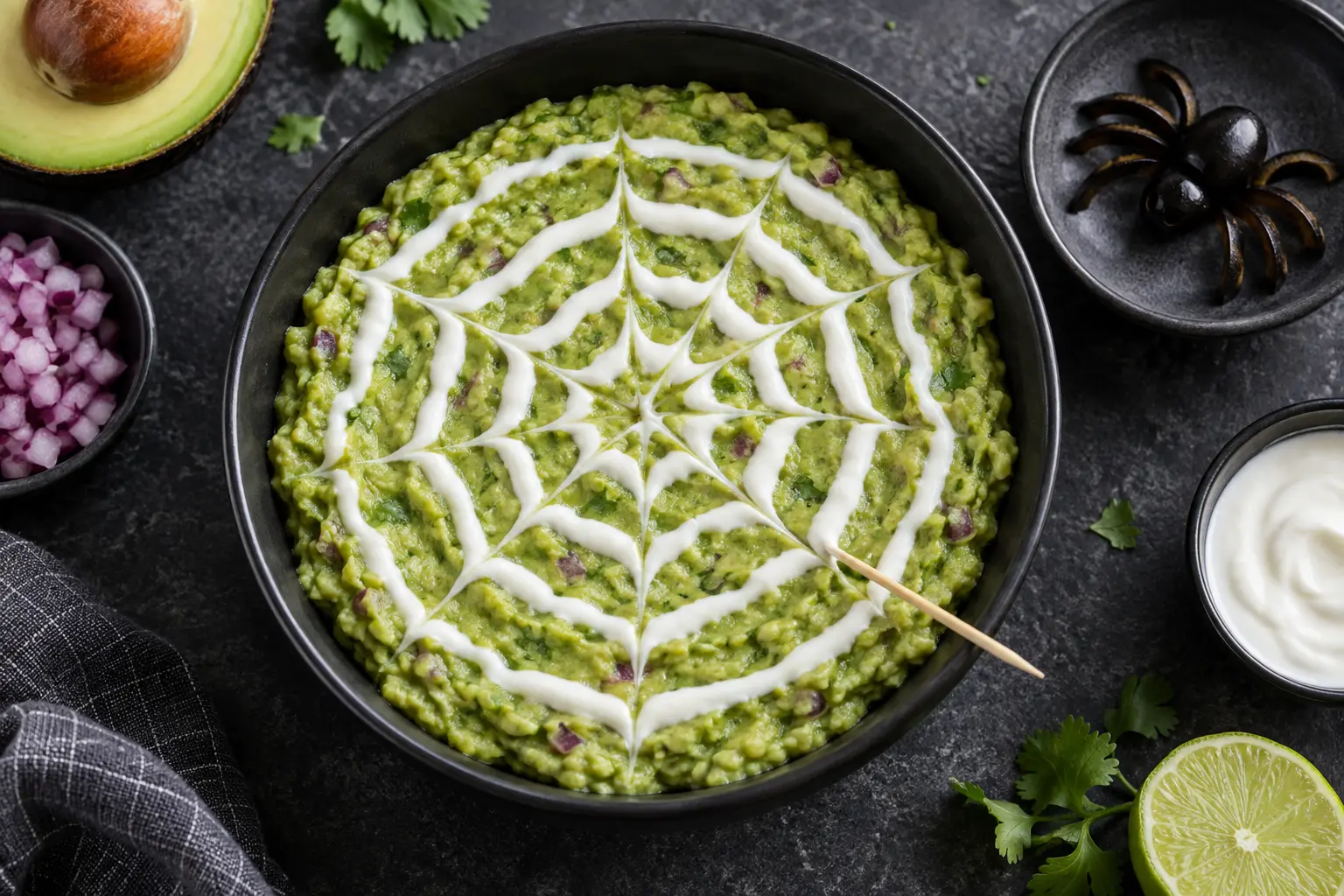 Toile d’araignée dessinée au yaourt sur le guacamole