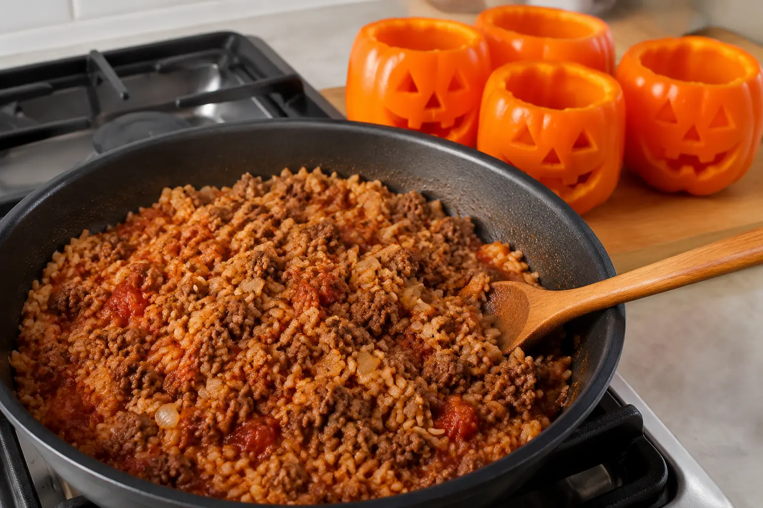 Farce au bœuf maigre riz et tomate pour les poivrons Halloween