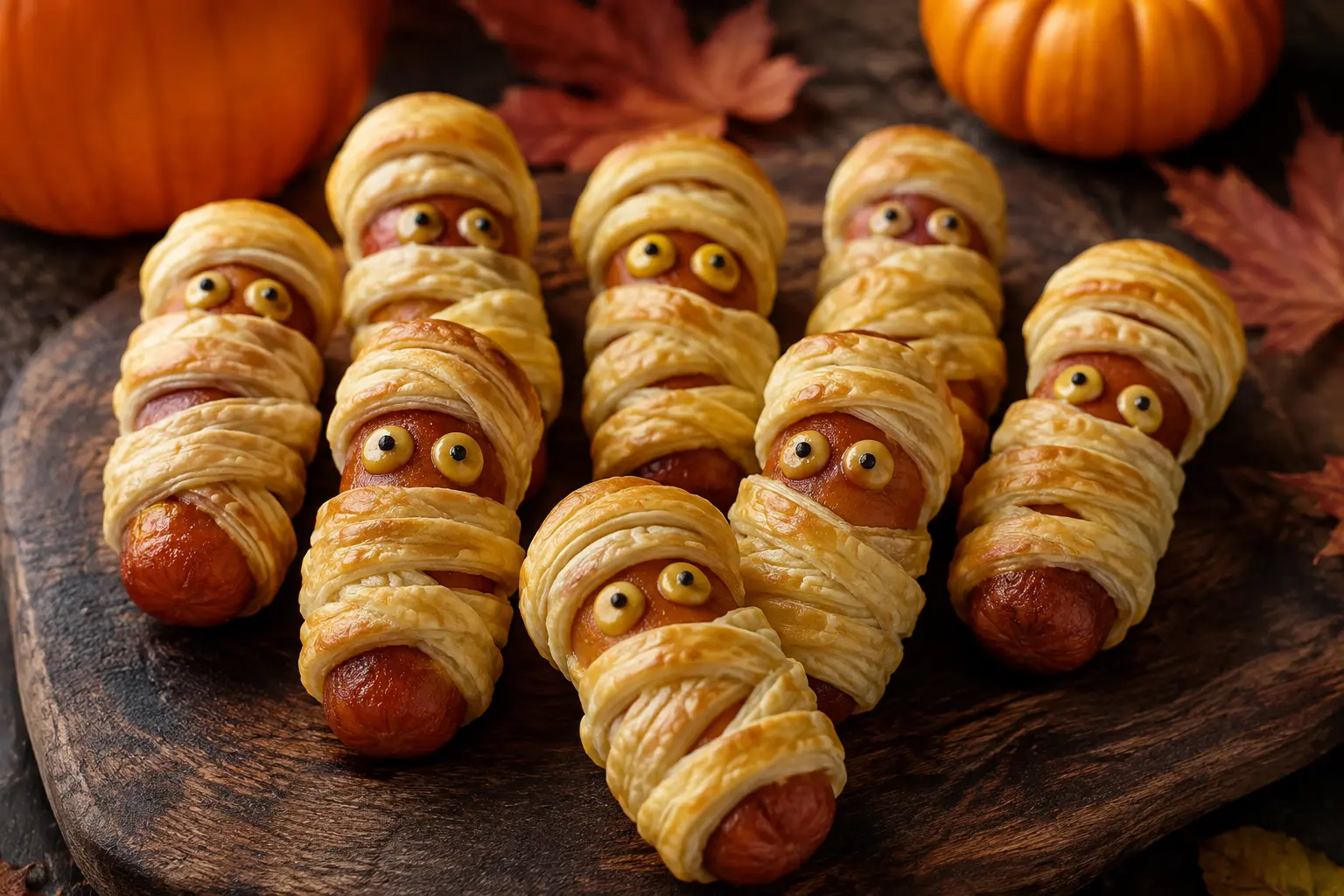 Feuilleté momie Halloween Air Fryer doré avec yeux en moutarde