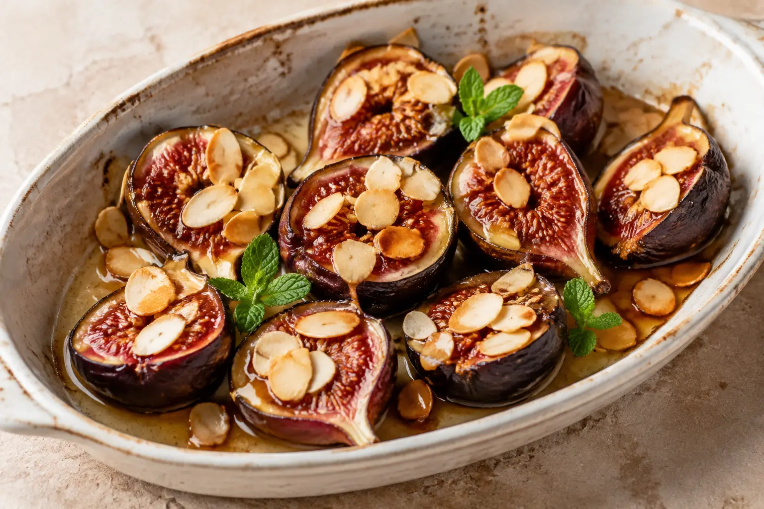 Figues fraîches rôties au miel et amandes dorées