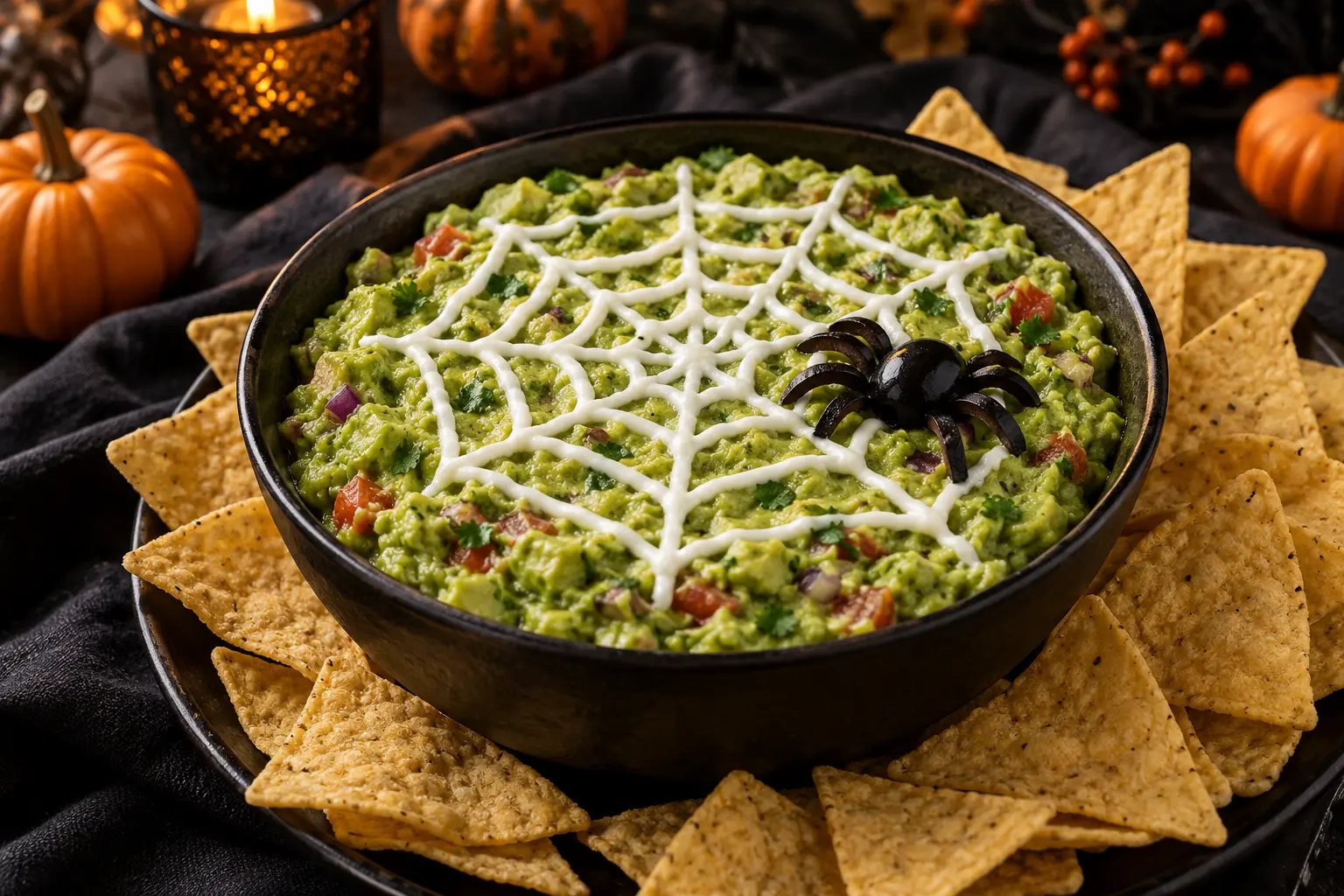 Guacamole Halloween décoré en toile d’araignée avec olives noires