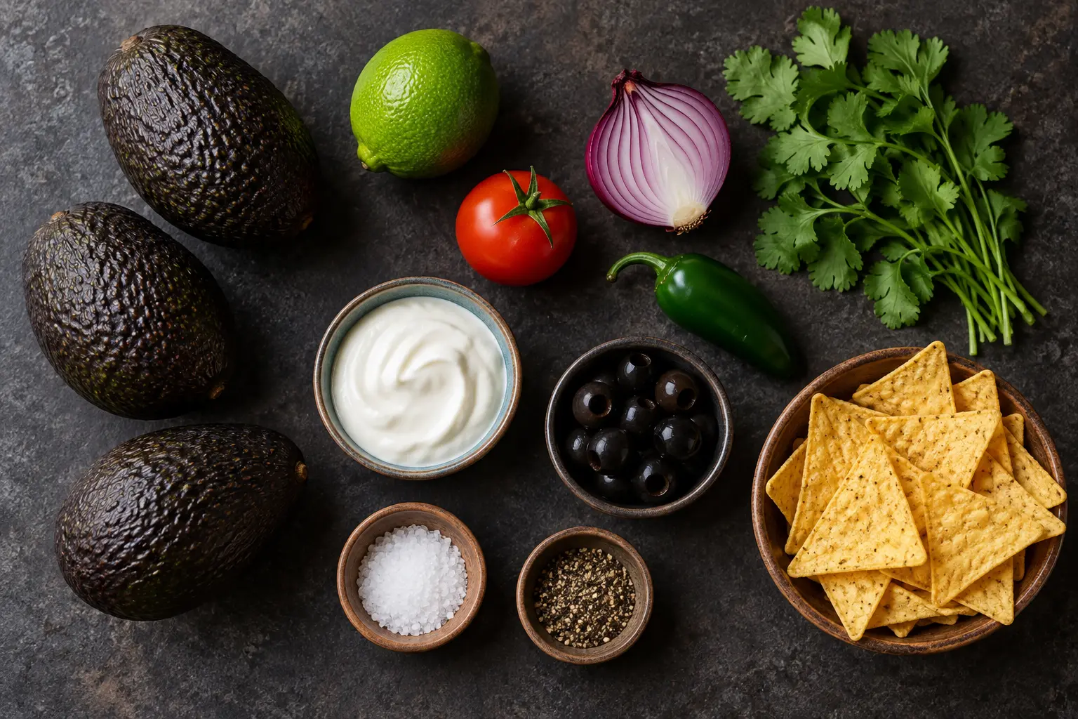 Avocats, citron vert, tomate, oignon, yaourt, olives et tortillas