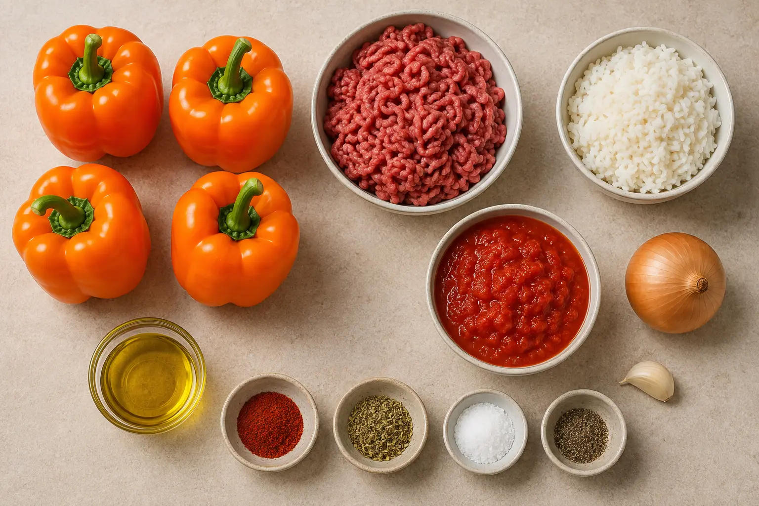 Ingrédients des poivrons farcis Halloween avec bœuf riz et tomate