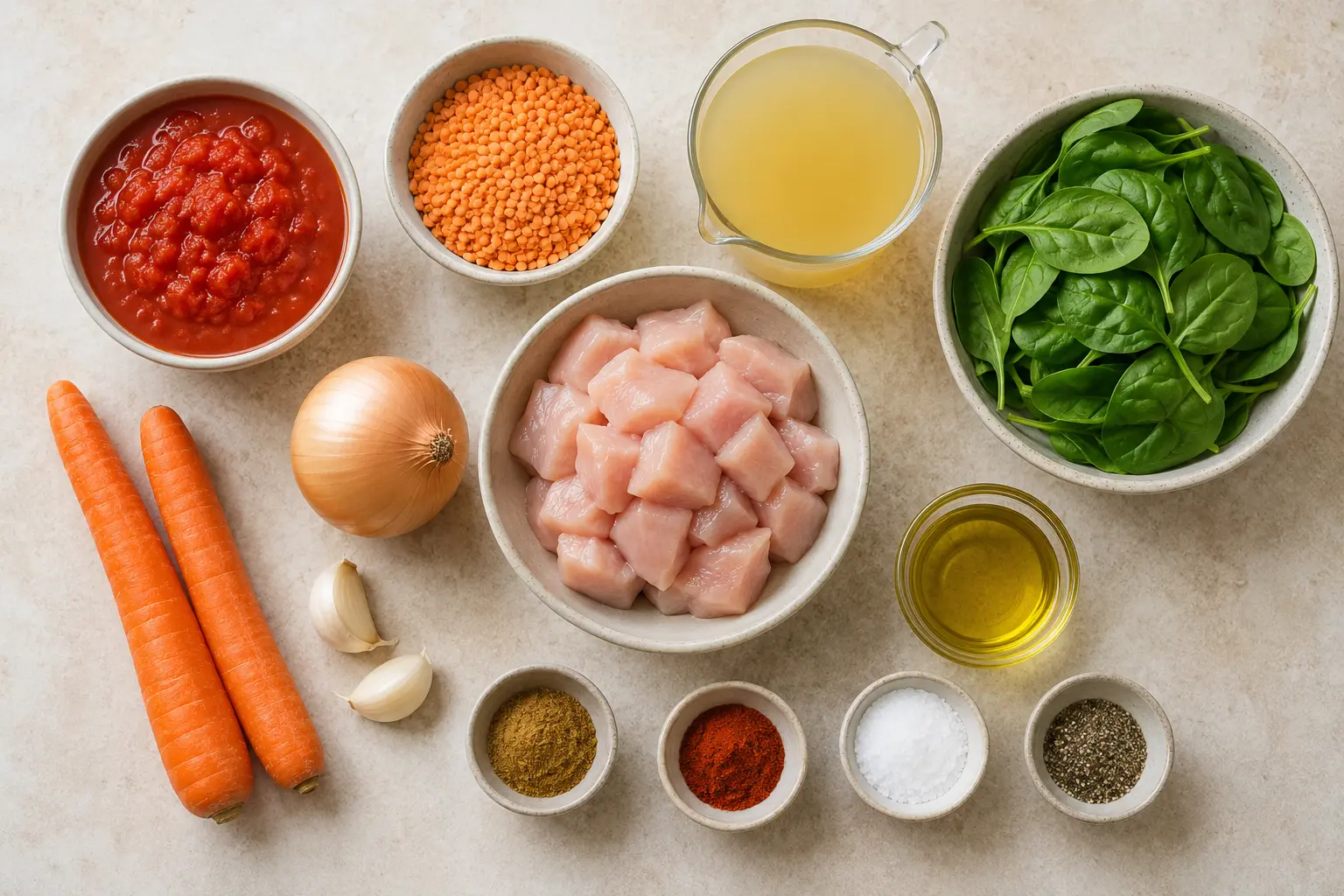 Ingrédients pour une soupe protéinée poulet lentilles