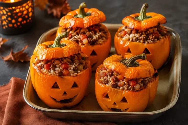 Poivrons farcis Halloween sculptés en citrouilles avec viande et riz