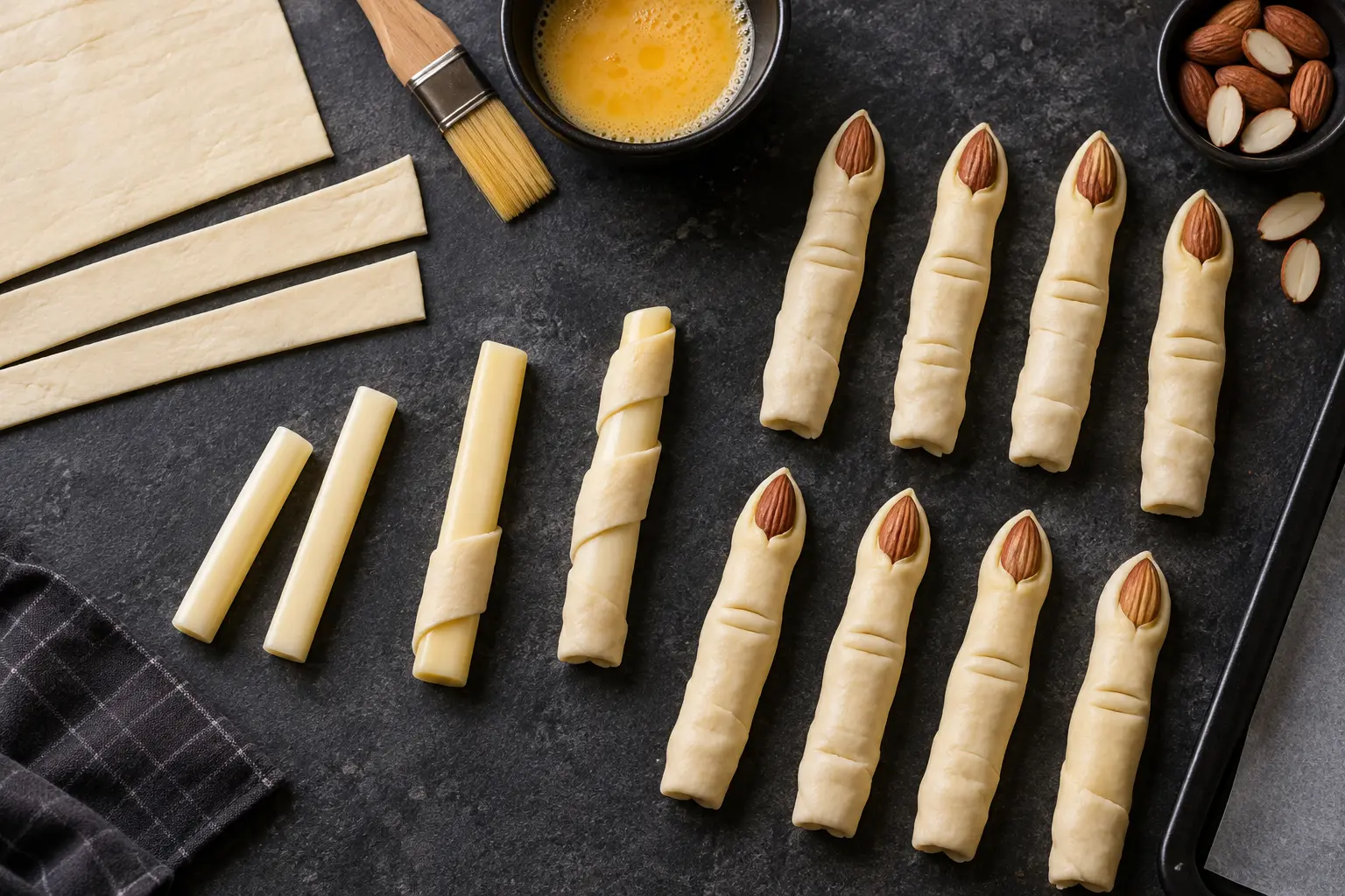 Façonnage des doigts de sorcière en pâte feuilletée avec fromage et amandes