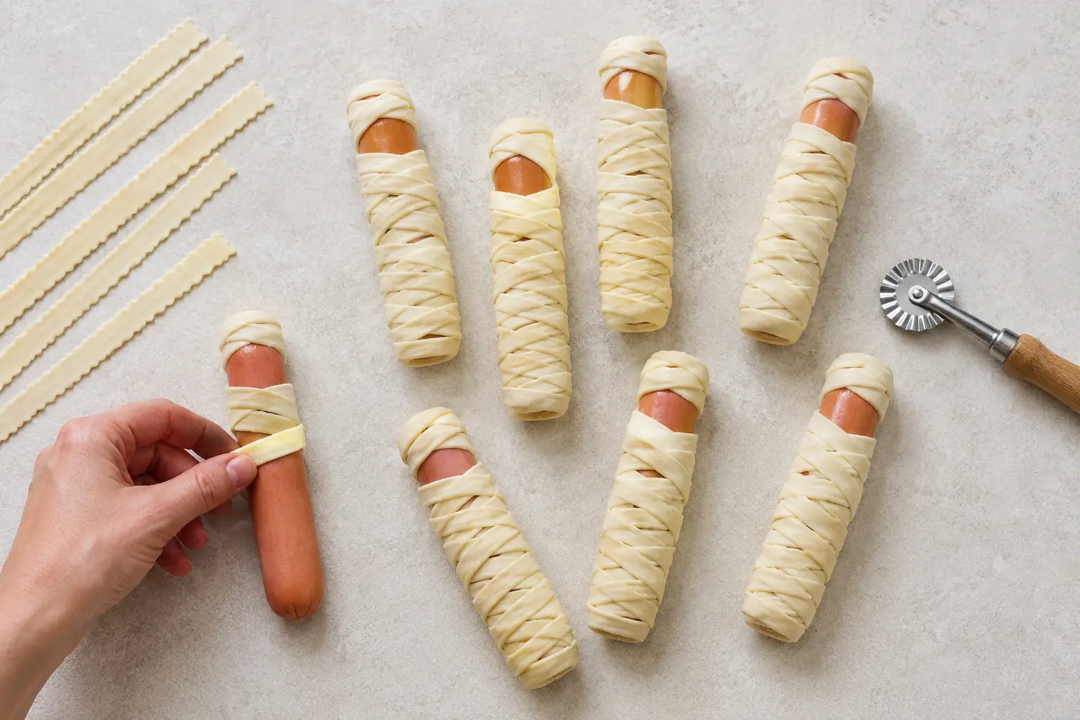 Saucisses enveloppées de bandes de pâte feuilletée en momies