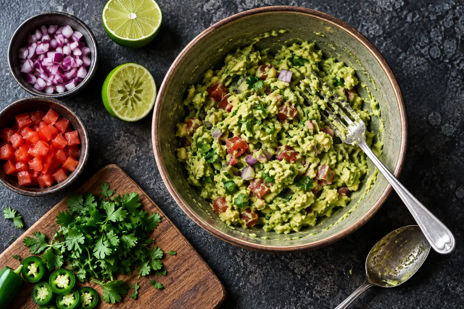 Guacamole écrasé avec tomate, oignon rouge, coriandre et citron vert