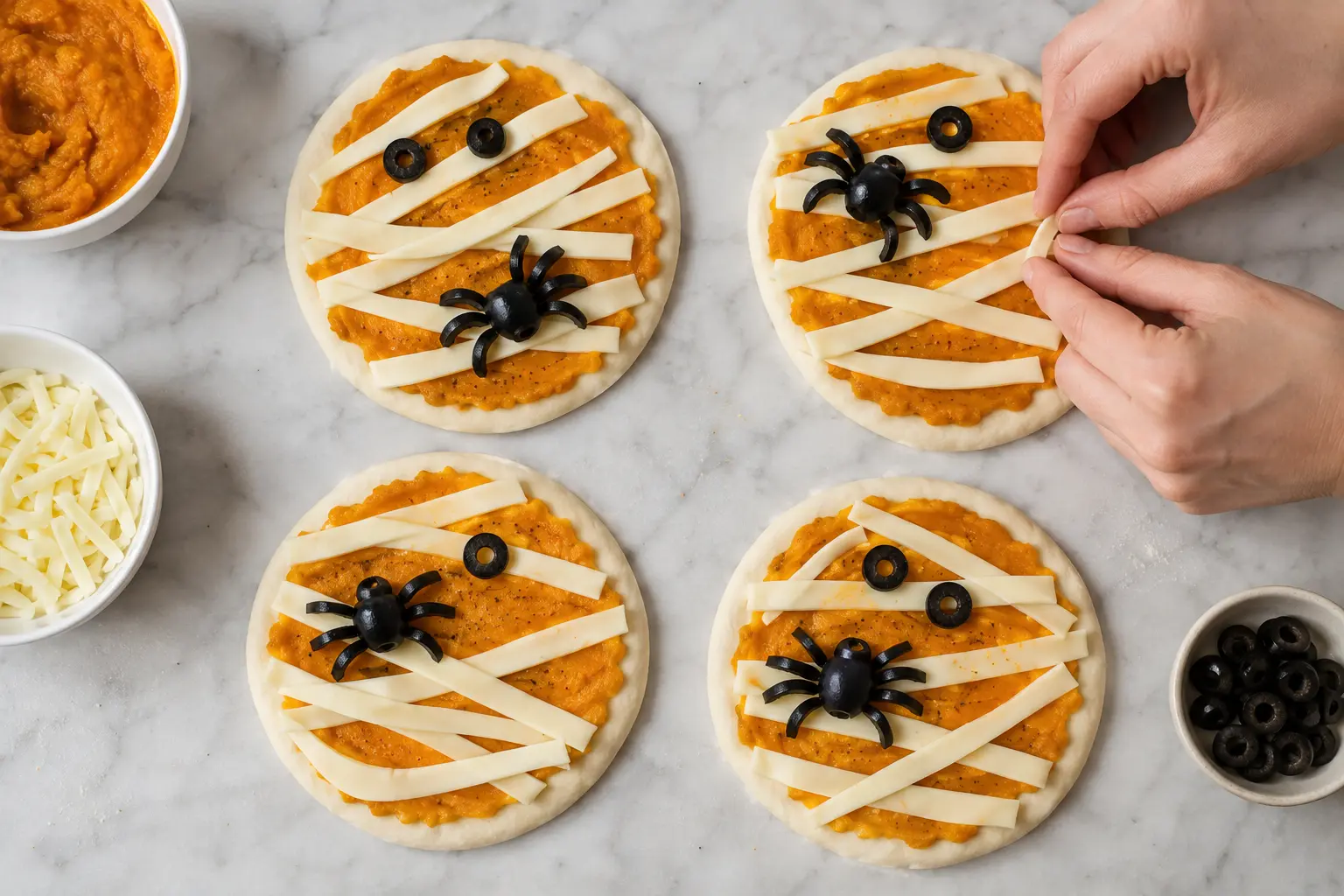 Montage des mini pizzas momies à la citrouille