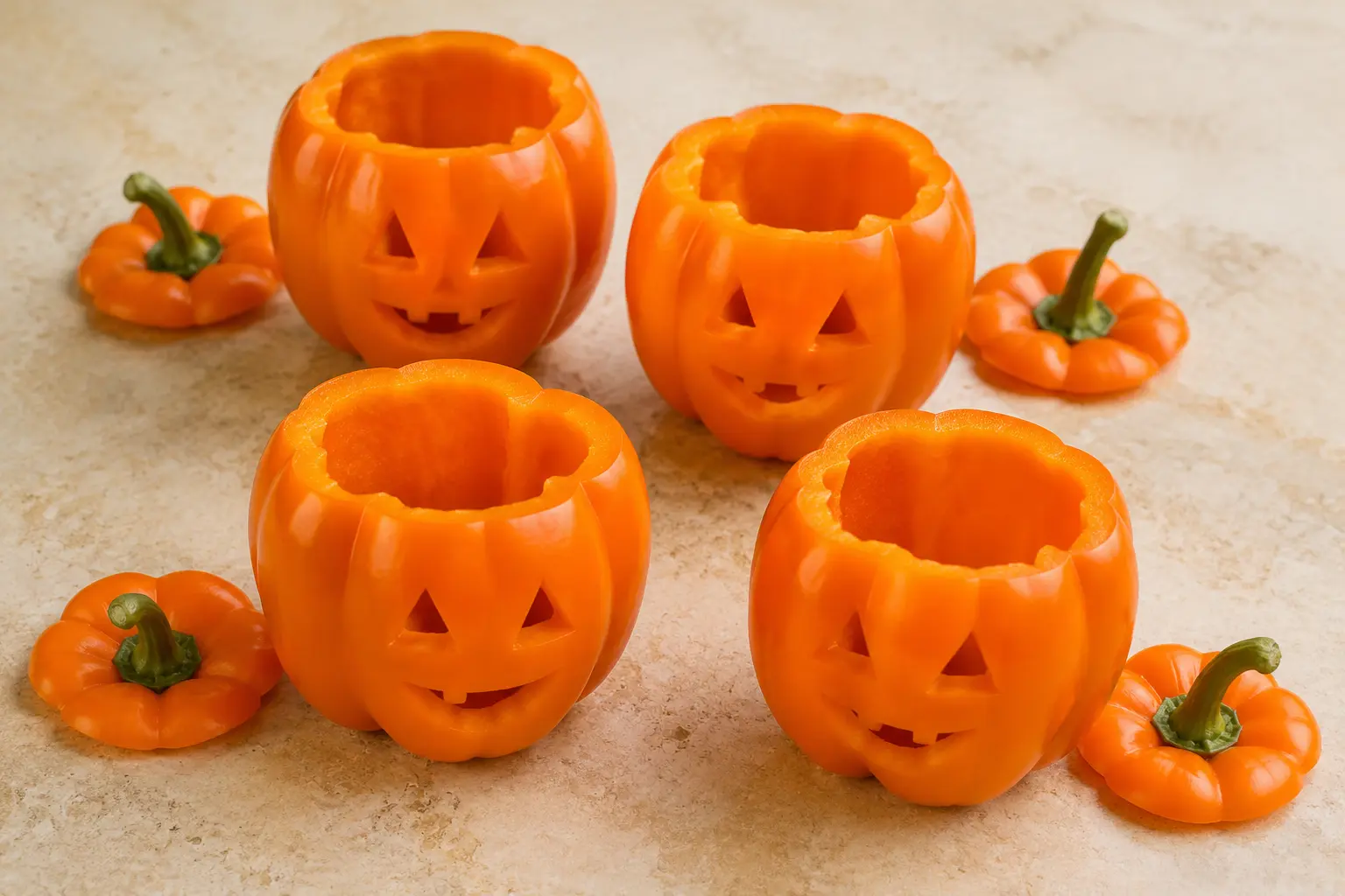 Poivrons orange sculptés avec des visages de citrouilles Halloween