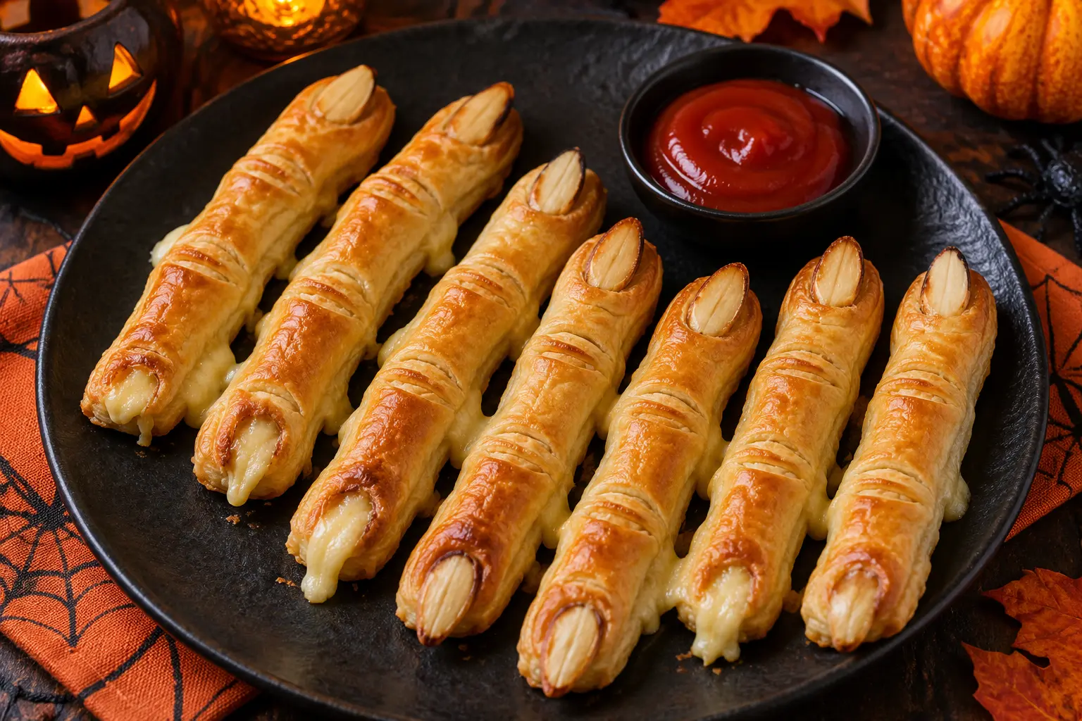 Doigts de sorcière croustillants au fromage servis avec du ketchup