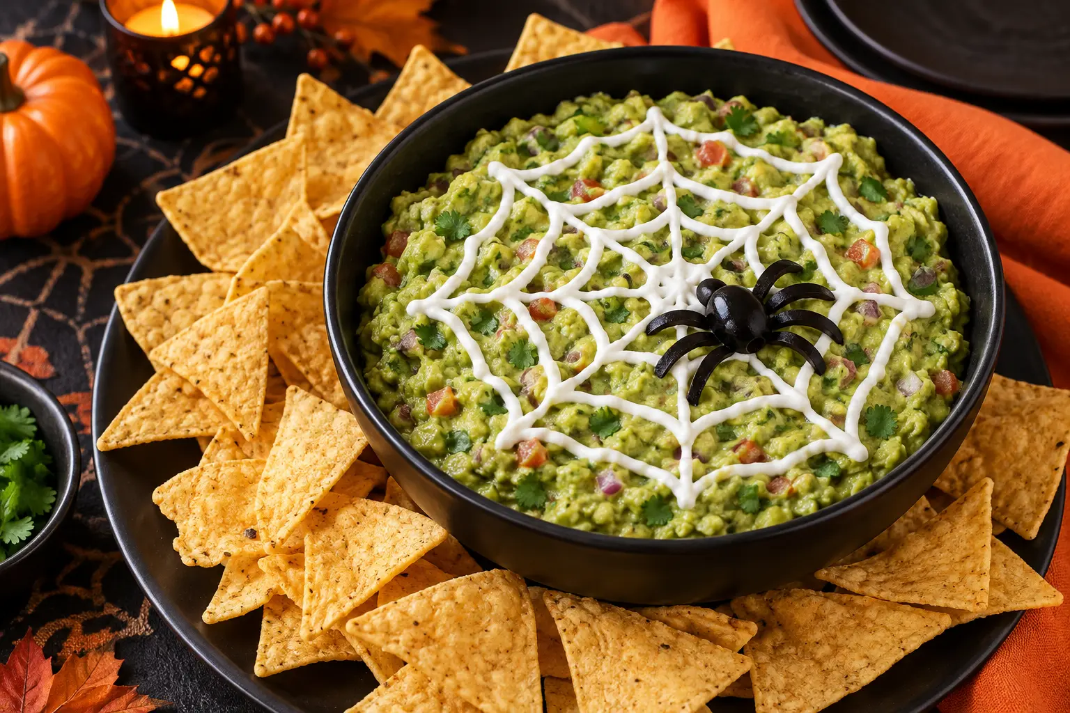 Guacamole Halloween en toile d’araignée servi avec des tortillas