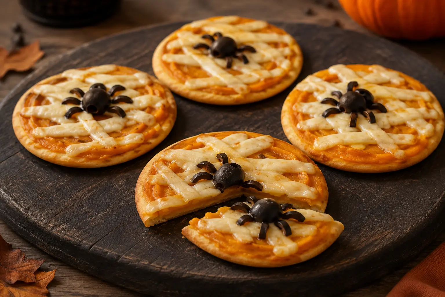 Mini pizza citrouille Halloween croustillante avec mozzarella et olives