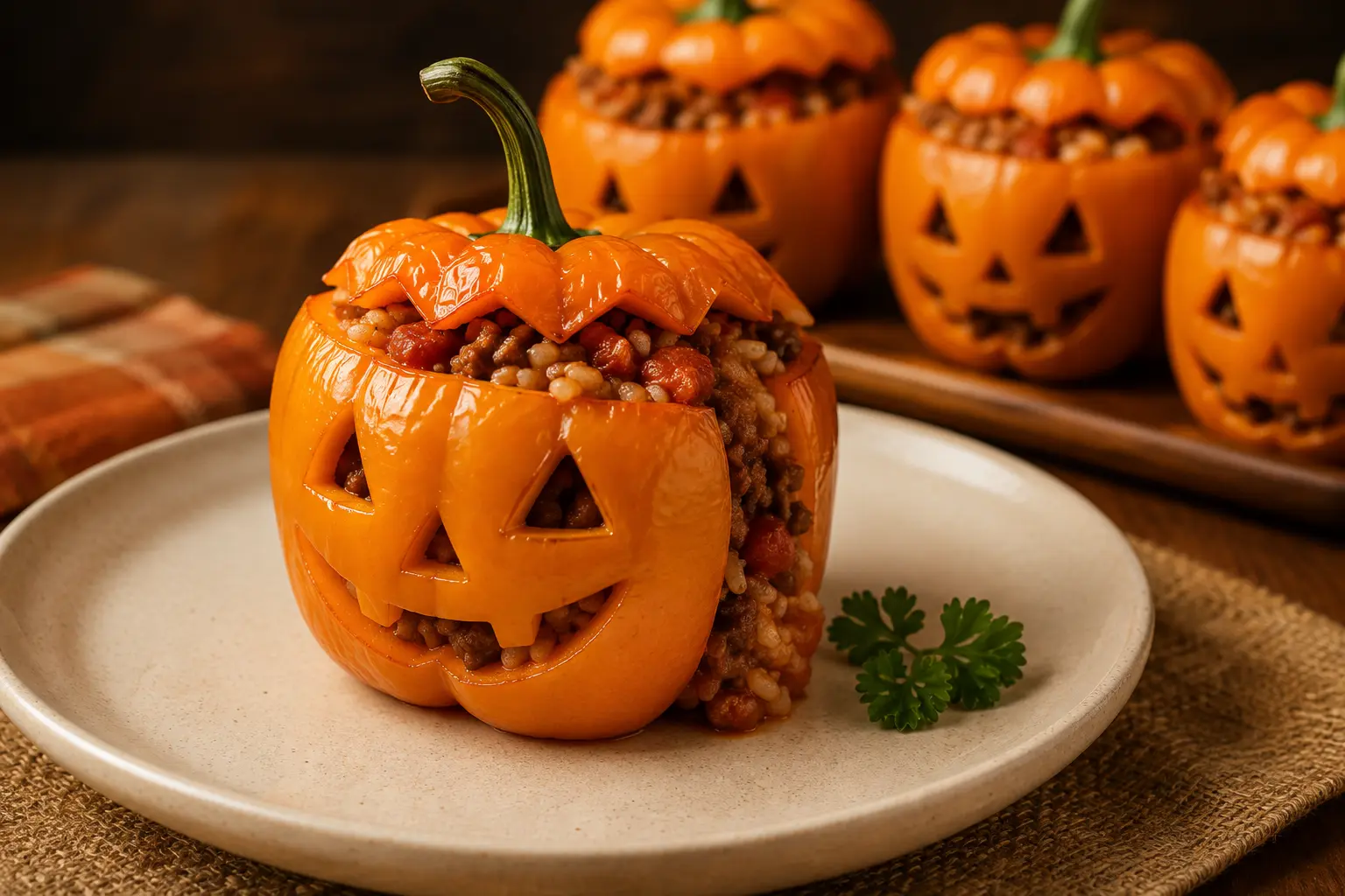 Poivron farci Halloween servi avec sa farce au bœuf et au riz