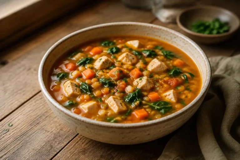 Soupe protéinée au poulet, lentilles corail et épinards