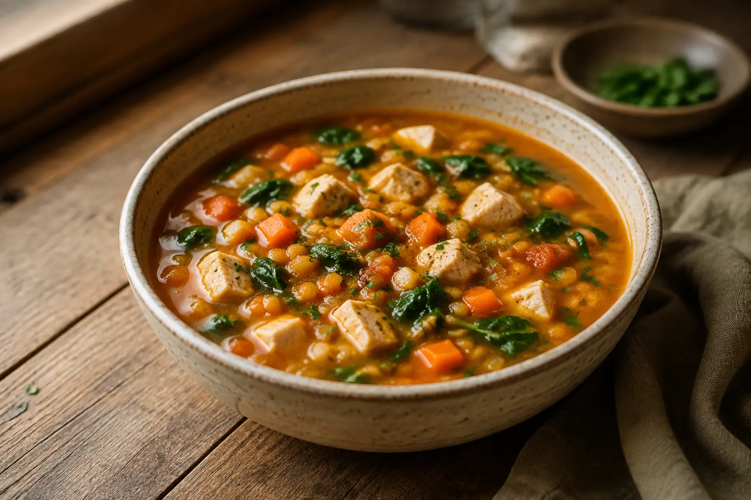 Soupe protéinée au poulet, lentilles corail et épinards