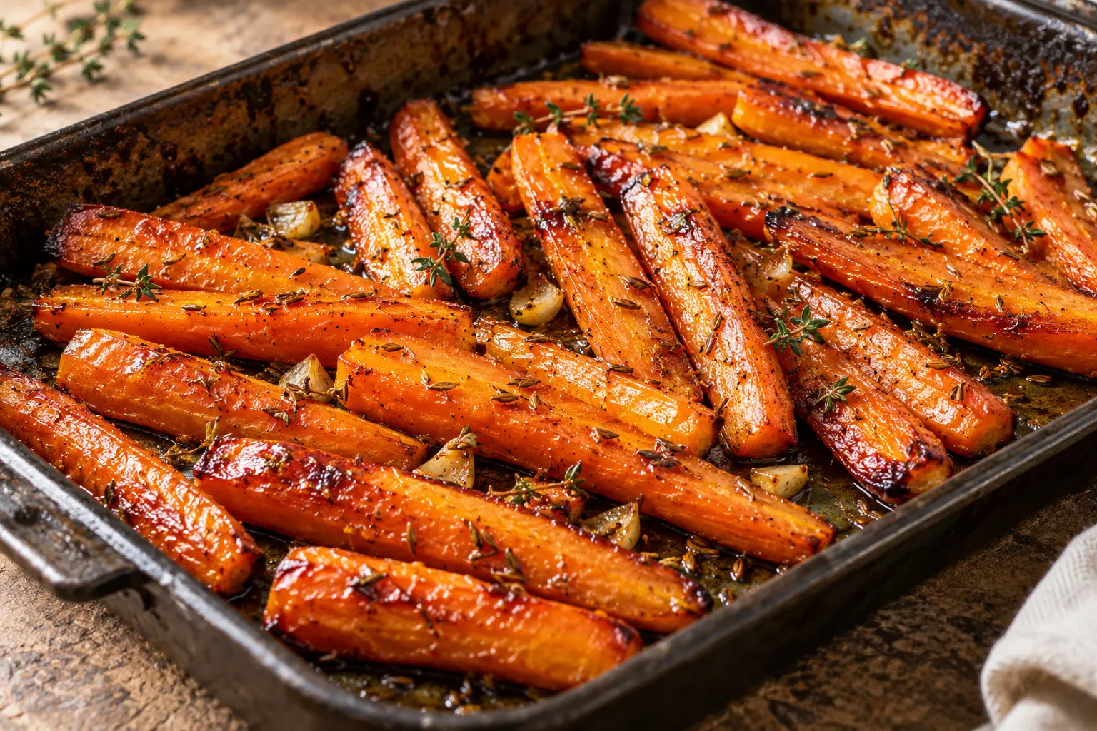 Carottes au four dorées au miel cumin ail et thym