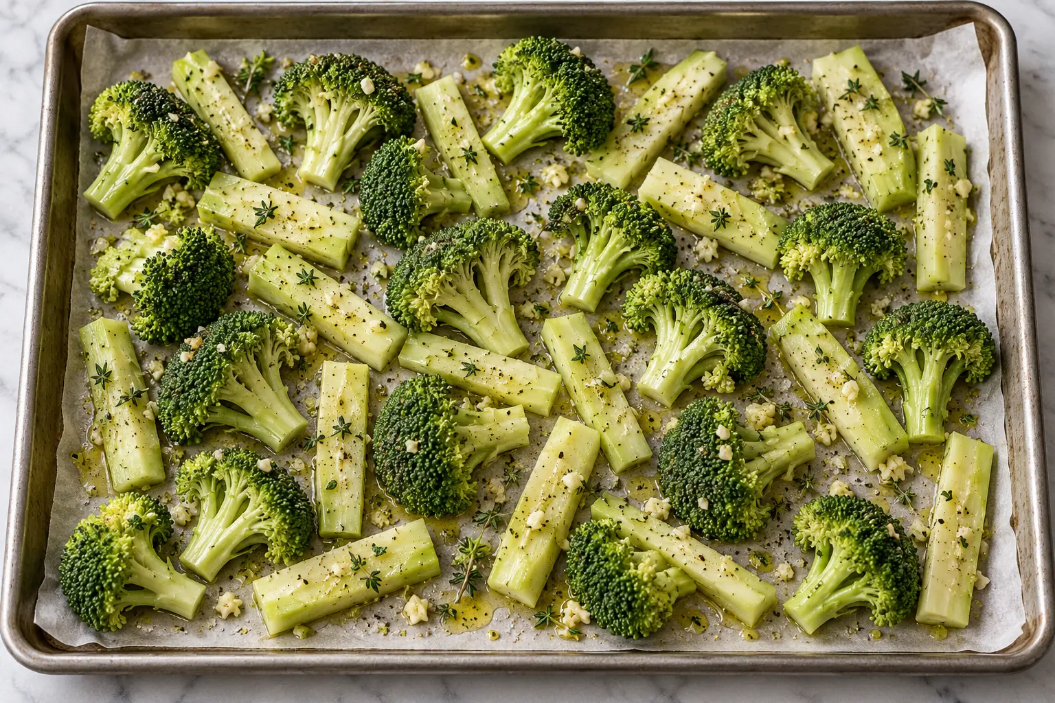 Fleurettes de brocoli assaisonnées en une couche sur la plaque