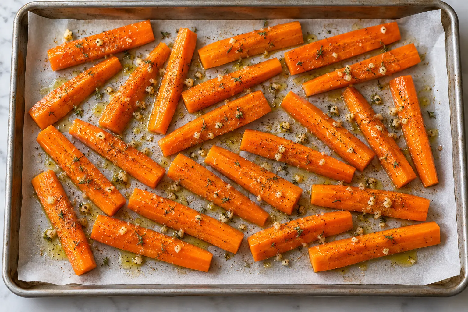 Bâtonnets de carottes assaisonnés au miel et cumin sur une plaque
