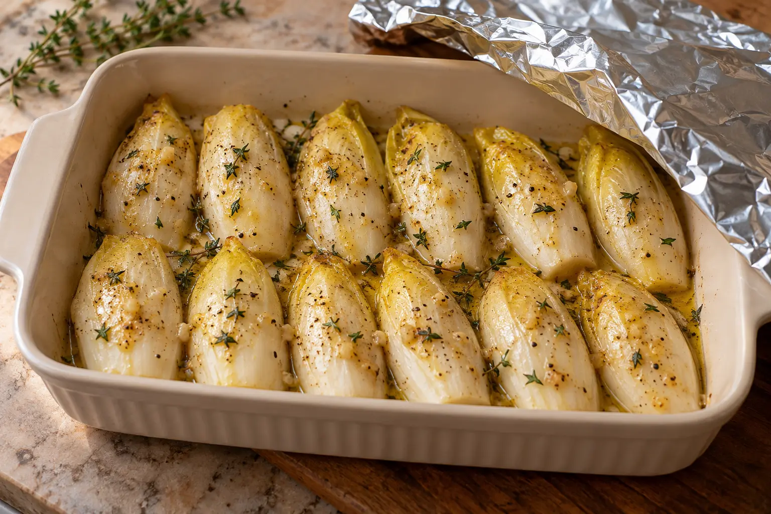 Demi-endives assaisonnées dans un plat avant la cuisson couverte